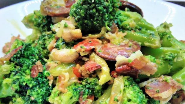 Fried broccoli, chorizzo & bacon